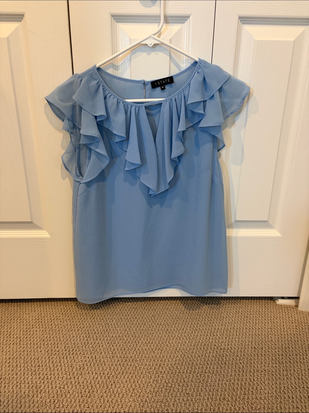 1.State Light Blue Ruffle Cap-Sleeve Top